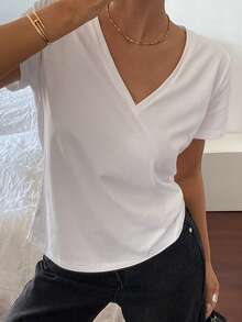Livesso Women's Solid Color V-Neck Short Sleeve Casual Loose T-Shirt,Business Casual Women Preppy Tops - White - View 9