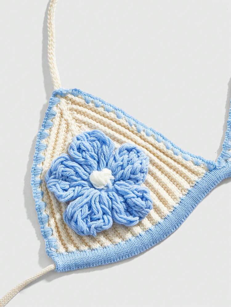 ROMWE Fairycore Y2K Style Handmade Crochet Women Beach Vacation Knit Set - Blue - View 3