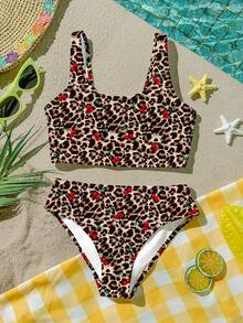 SHEIN Vintage Cute Mini Cherry Leopard Print Pattern, Young Girls Casual Minimalist Camisole & Triangle Bikini Swimwear Set, Suitable For Summer, Graphic Print, Cartoon, Vintage, Color Block, Y2K, Kawaii, Party, Hangout, Everyday, Vacation, Cute, Comfy, Summer 2026, Essentials, Cottagecore - Multicolor - View 3