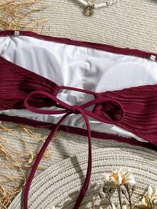 Swim Vcay Textured Solid Color Shell Strap Decor Bandeau Swimwear Top - Burgundy - View 4