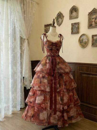 SHEIN MOD Women's Tie-Dye Print Tie Front Ruffled Hem Elegant Maxi Slip Dress, Summer, Valentine Dress, Women Carnival Costume, Beach Dress, Elegant Party Dresses For Women, Wedding Guest Dress For Women, Floral Dresses For Women, Holiday Dress, Garden Party Dress, Festival Dress, Romantic Dress, Retro Dress, Vintage Outfits