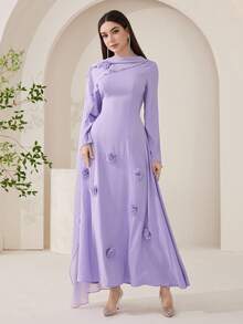 Veilorie Women's Solid Color 3D Floral Decor Ribbon Design Elegant Arabic Dress - Purple - View 5