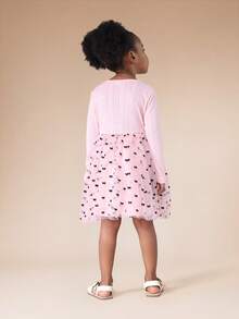 SUMWON Robe ajustée et évasée à manches longues avec jupe en tulle imprimé nœud pour jeunes filles, tenue décontractée pour le printemps et l'été, idéale pour les vacances - Rose bonbon - Voir 2
