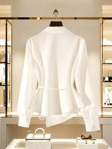 Franclia 经典通勤及日常休闲V领系腰灯笼袖衬衫，春夏款 - 白色 - 查看 2