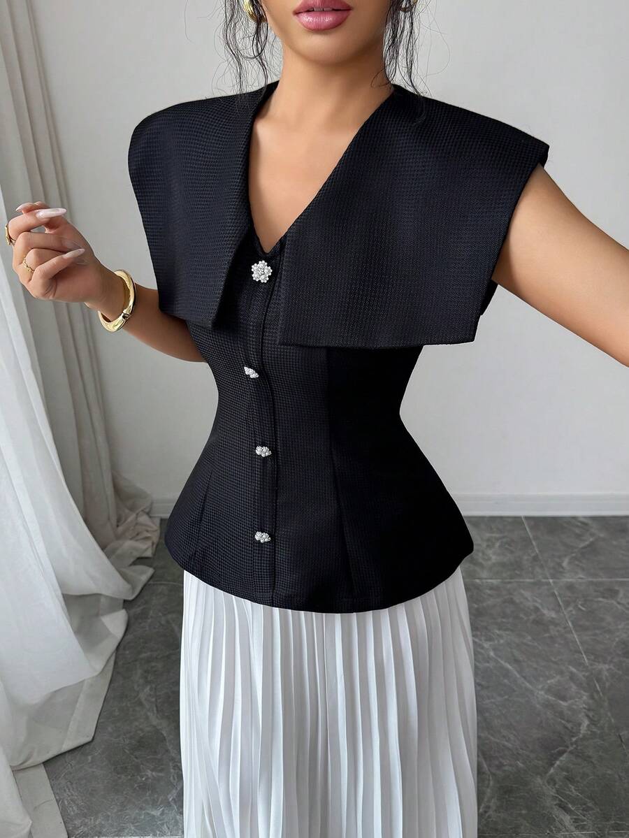 Modelyn Women's Fashionable Elegant Solid Color V-Neck Fitted Blouse - Black - View 1