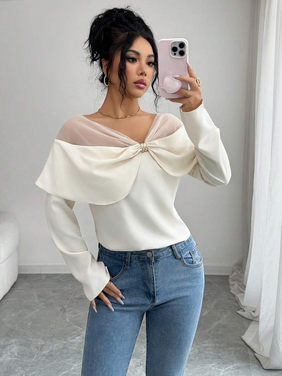 Modelyn Áo cánh lưới vá thanh lịch dành cho nữ - Màu be - Xem 1