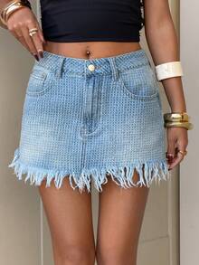 StreetHx 时尚休闲复古街头风钩针流苏低腰牛仔迷你裙 - 淺色水洗藍 - 查看 5