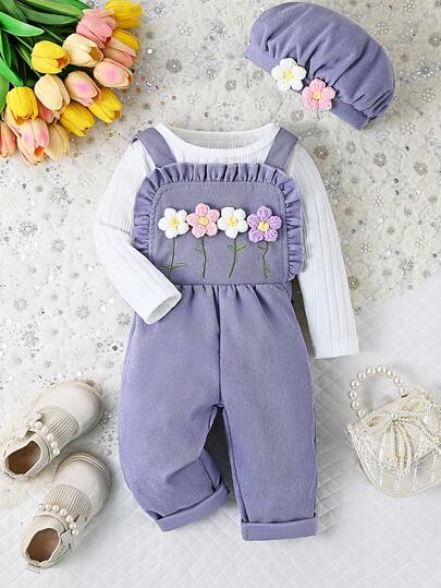 SHEIN 2 st babyjumpsuits med huva, manchestertyg med broderi och 3D-blommönster