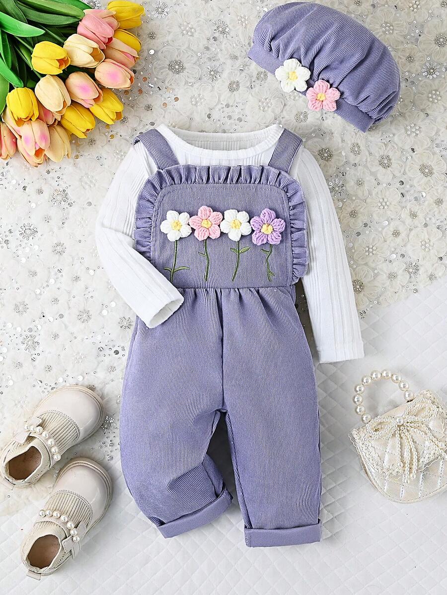SHEIN 2pcs Baby Hooded Jumpsuit, Corduroy Embroidered 3D Floral Design
