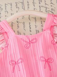 Souflis Souflis Young Girls Pink Sleeveless Jumpsuit Square Neck With Bow Pattern And Ruffle Flounce Sleeve Kids Cute Long Polyester Outfit - Pink - View 6