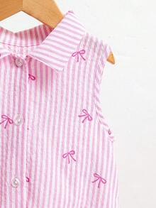 SHEIN Playful Pals 女童粉色条纹无袖不对称衬衫，后背饰有蝴蝶结，适合上学、休闲和各种外出场合。 - 粉色 - 查看 5