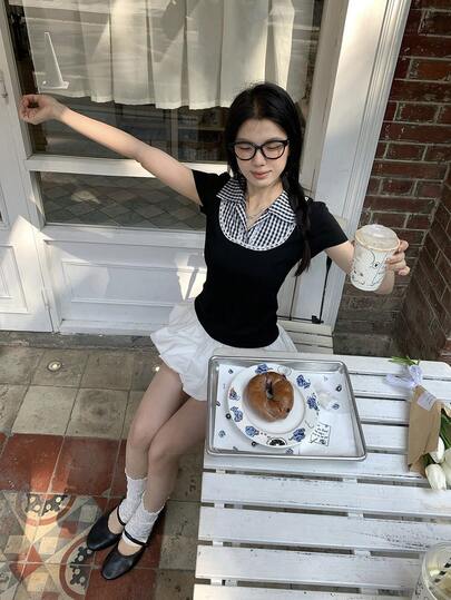 DAZY Damtröja med rutigt lappmönster och krage, kortärmad, vår/sommar