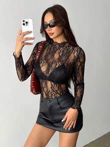 EgrlEra Petite Sexy Sheer Lace Fitted Long Sleeve Blouse (Random Cut) - Black - View 6