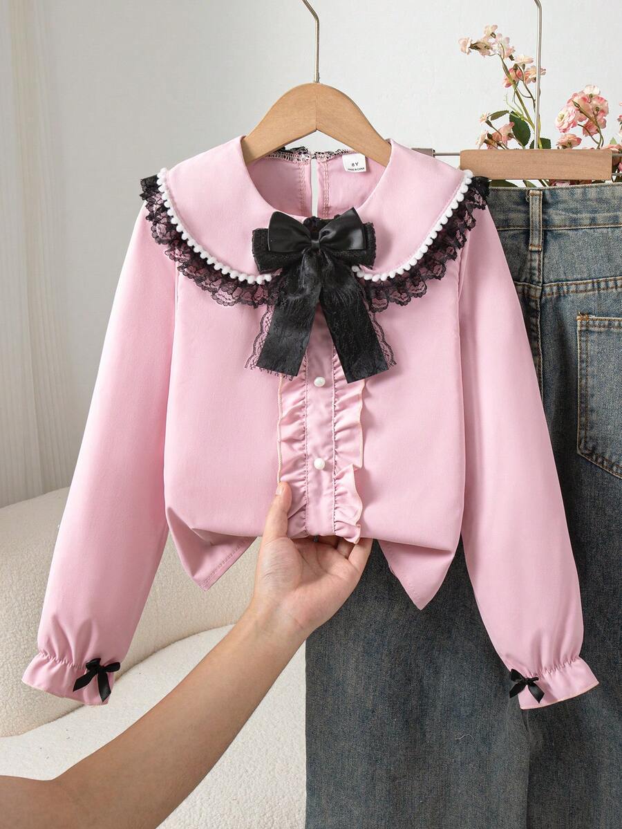 Genkimix Kids Tween Girl Fashionable & Sweet Lace Trim Bow Decor Blouse - Pink - View 1