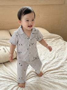 Baby Boys Pajamas-2 Pieces Pajama Set Summer Grey Gingham Puppy Print Short Sleeve Button Down Shirt With Collar Elastic Waist Long Pants Toddler Sleepwear Lightweight Holiday 2026 Must Have Cute Gift Home Travel - Grey - View 4