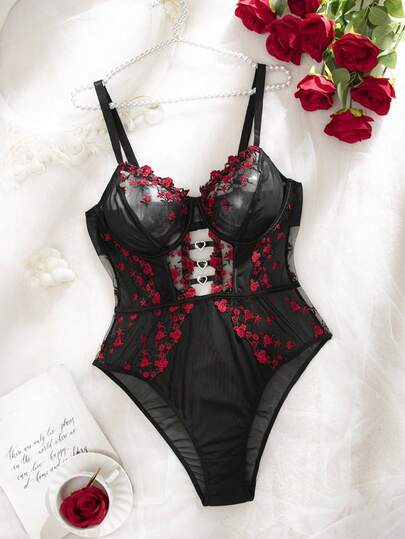 1pc Plus Size Mesh Embroidery Sexy Lingerie Bodysuit