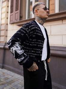 Artur Kramer Unisex Retro Abstract Letter Pattern Knitted Long Sleeve Cardigan, Casual European & Asian Style, Suitable For Spring, Autumn, Winter - Black - View 6