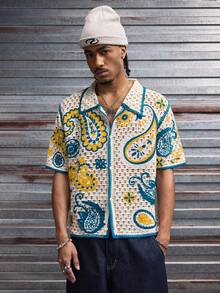 AXEPEAK 男士度假腰果图案短袖单排扣镂空针织开衫 - 彩色 - 查看 3