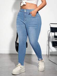 Firerie Plus Size Blue Distressed Skinny Stretch Denim Capri Pants - Light Wash - View 6