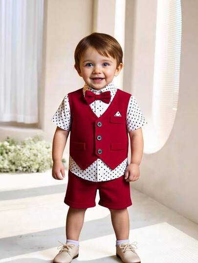 男婴绅士波点花卉领衬衫+纯色马甲+裤子套装，适合日常、派对、社交场合、婚礼等正式场合，四季皆宜，适合婴幼儿。