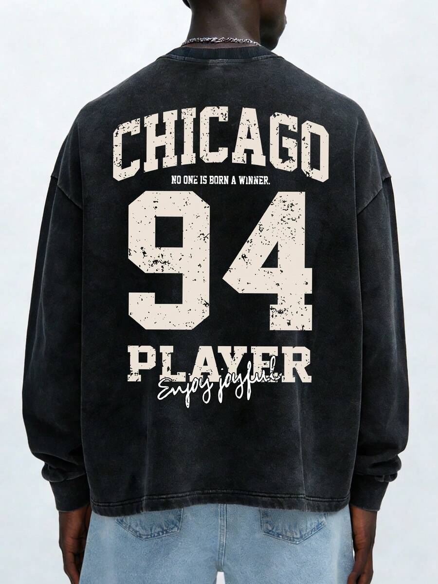 Manfinity EMRG Men's Letter Print Round Neck Long Sleeve Casual Loose Versatile T-Shirt - Black - View 1