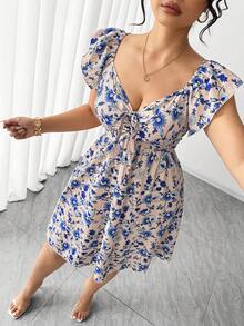 Elenzga Robe maxi grande taille pour femmes beige à imprimé floral discret, manches volantées, nouée devant, col en dentelle ajourée, style bohème, élégante pour vacances d'été, vacances et invitée de mariage - Bleu azur - Voir 1