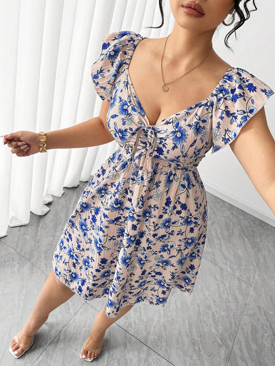 Elenzga Robe maxi grande taille pour femmes beige à imprimé floral discret, manches volantées, nouée devant, col en dentelle ajourée, style bohème, élégante pour vacances d'été, vacances et invitée de mariage - Bleu azur - Voir 1
