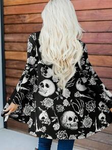 SHEIN LUNE Women's Loose Fit Skull Print Thin Cardigan Jacket,Long Sleeve Black And White Goth Halloween Costumes,Everyday Casual Autumn Fall Clothes For Women - Multicolor - View 7