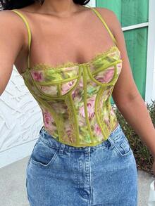 Alexandranx Spring/Summer Solid Green & Pink Flower Printed Sheer Lace Cami Bralette, Elegant Bralette, Beach Holiday Bralette, Sexy Elegant Cami Top, Women Cami Bra Top - Green - View 3