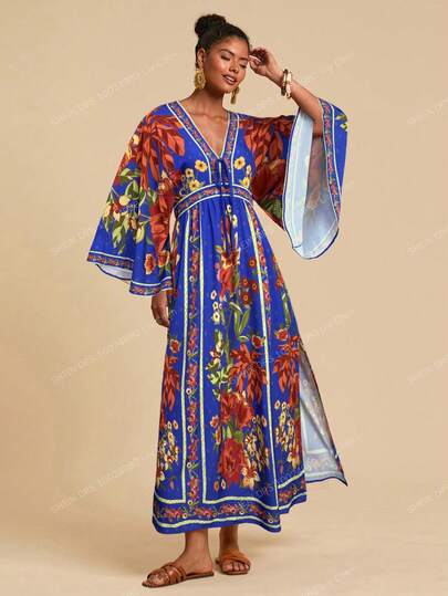 Travachic Women V-Neck 3/4 Sleeve Printed Dress,Summer Outfits For Women, Spring And Summer, Easter, Holiday Outfits, Beach Outfits For Woman, Spring Break, Vacation Outfits Women, Concert Outfit Women, Suitable For Holiday , Afternoon Tea, Wedding Season, Beach Cruise Vacation, City Road Trip Vacation, Boho Vacation, Music Festival , Beachwear, Easter, Beach Outfits For Woman, Elegant Dress For Women, Vacation Outfits Women, Concert Outfit Women, Tropical Vacation Woman Clothes, Holiday Outfits, Bohemian Clothes,For Spring Sunmmer And Autumn Spring To Summer Beach Elegant Maxi Dress  Casual Dress For Women