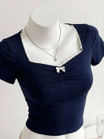 Teen Girls Elegant Minimalist Navy Blue Lace Trim Bow Short Sleeve T-Shirt, Delicate Details Design Suitable For Study, Commute, Weekend Activities, Daily Wear, Versatile Summer Tops