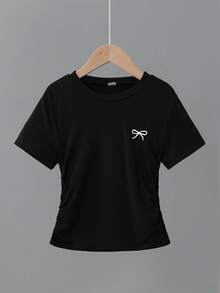 Sparklyn 3pcs Girls' Bow Print Waist Short Sleeve T-Shirts, Grey, Pink, Black - Grey - View 4