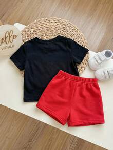 SHEIN 男婴休闲简约新款舒适Y2K电子游戏爱心元素运动T恤套装，适合春夏穿着 - 彩色 - 查看 3