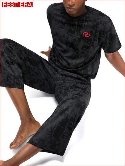 Rest Era Conjunto de ropa de estar en casa informal y a la moda para hombres con estampado gráfico de teñido anudado, de manga corta y pantalones, para primavera/verano/otoño