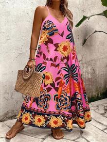 SHEIN Holidaya Women's Hot Pink Boho Long Cami Dress With Random Print Sleeveless Spaghetti Strap Design Flared Hem Casual Summer Resort Wear - Hot Pink - View 5
