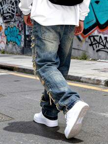 HIMLAND Men's Street-Style Distressed Slant Pocket Straight Leg Jeans - Dark Wash - View 2