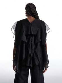 LYSMO Blusa elegante de estilo bohemio con cuello de volantes, botones frontales y panel de malla para mujer talla grande en color café oscuro - Negro - Ver 2