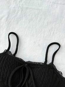 Tween Girls Black Textured Knit Bowknot Lace Camisole Tank Top, Layering Or Standalone, Back To School, Vacation & Casual Wear - Black - View 6