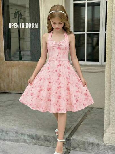 SHEIN Tween Girls Floral Print Halter Bow Decor Waist A-Line Dress, Elegant French Style Summer Dress
