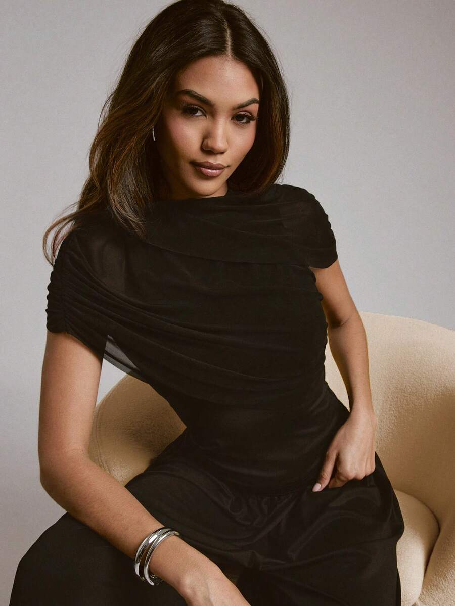 Hauture Women's Simple Elegant Mesh Sleeve With Jersey Daily Going Out Top - Black - View 1