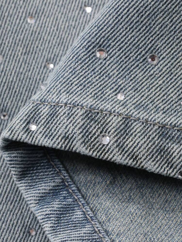 Women's Loose Fit Rhinestone Embellished Washed Denim Jeans