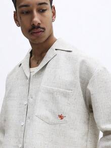 SUMWON Crop Fit Long Sleeve Linen Feel Look Linear Textured Button Down Casual Shirt Collared Top With Chest Pocket - Apricot - View 5