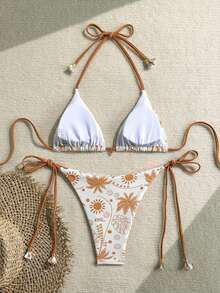 Swim Vcay Conjunto de Maiô com Estampa Tropical Feminino, Adequado para Praia e Férias - Laranja - Visão 2
