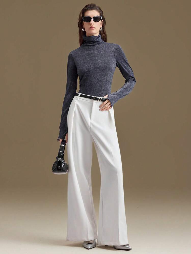 Women's Shiny Metallic Turtleneck Long Sleeve Fitted Top, Suitable For Urban Commute, Office, Business Casual, Party, Date Night, Elegant Summer Wear