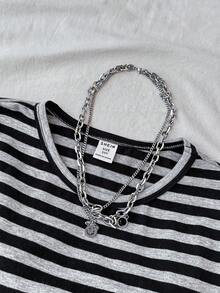 少女黑色和灰色条纹圆领短袖修身露脐T恤 - 黑色 - 查看 3