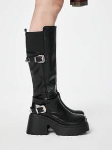 ROMWE Grunge Punk 女士朋克风厚底圆头过膝长靴，2025秋冬新款时尚皮革搭扣修身骑马靴 - 黑色 - 查看 4