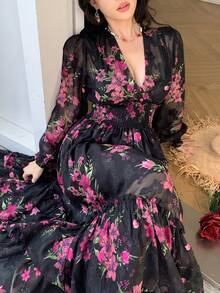 DAZY Đầm xòe cổ chữ V tay phồng in họa tiết dành cho nữ, thiết kế thanh lịch phong cách boho mùa hè, trang phục đi nghỉ mát cho nữ. - màu đen - Xem 3