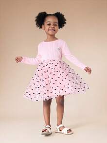 SUMWON Robe ajustée et évasée à manches longues avec jupe en tulle imprimé nœud pour jeunes filles, tenue décontractée pour le printemps et l'été, idéale pour les vacances - Rose bonbon - Voir 1