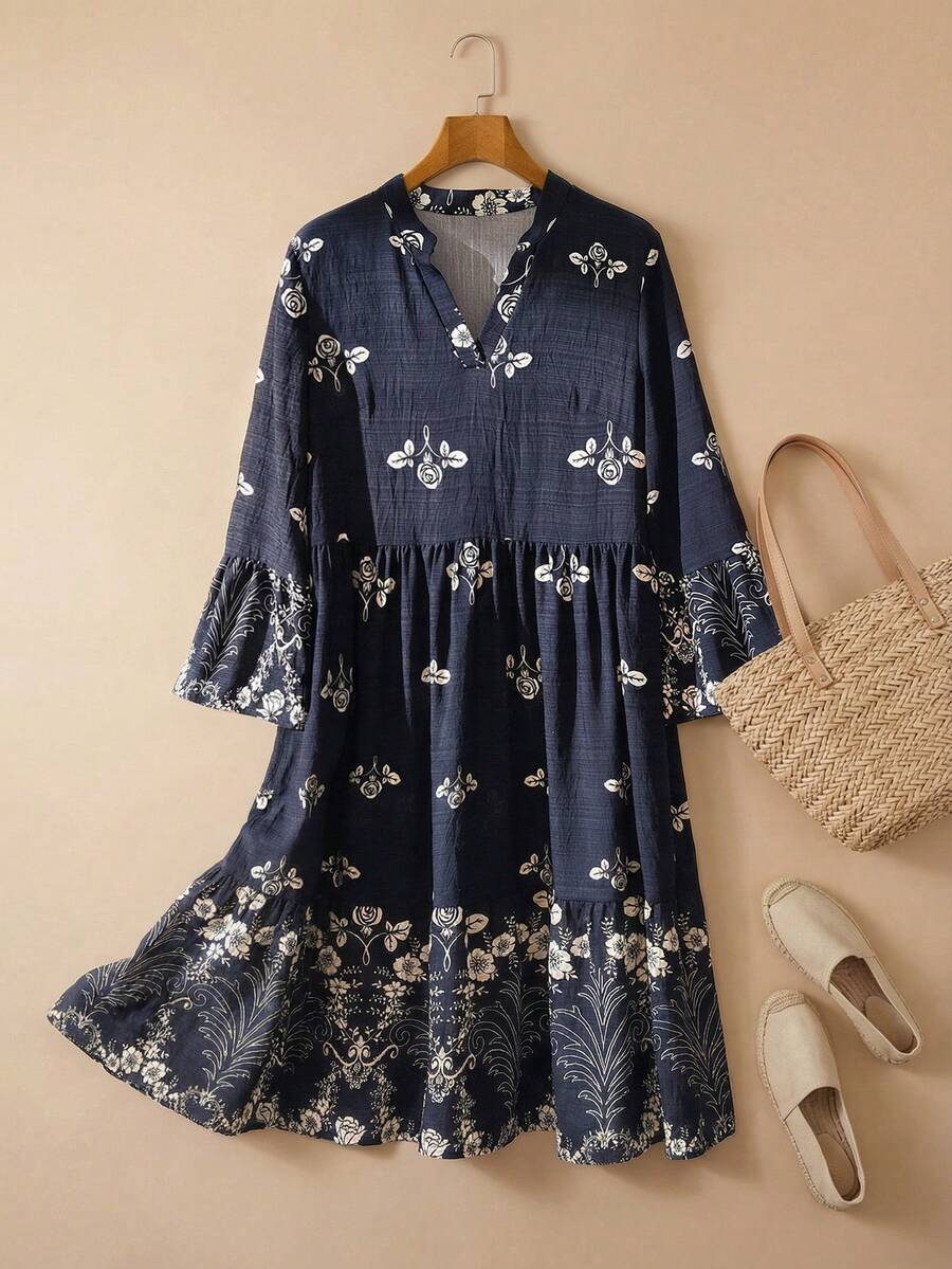 Rusticease Women's Floral Print V-Neck Long Sleeve Dress - Navy Blue - View 1