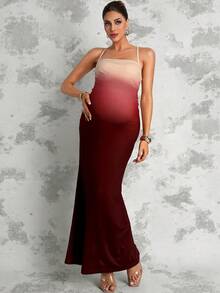 MaterniChic Vestido de tirantes ajustado con bajo de cola de pez degradado para maternidad - Rosa - Ver 4